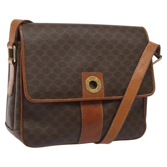 CELINE Macadam Canvas Shoulder Bag PVC Leather Brown Gold Auth BD960 - Picture 1 of 16
